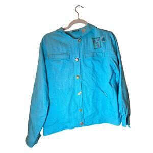 Vtg Womens Linen Embroidered Blue Button-Up Shacket Embellished Buttons Size M